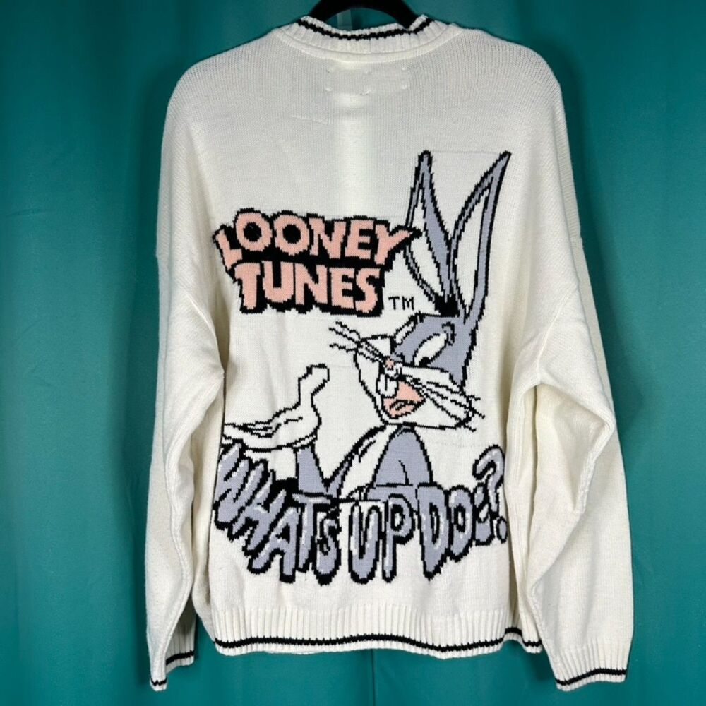 Looney Tunes Bugs Bunny "What's Up Doc?" Knit Cardigan Sweater Men's L Pop Art
